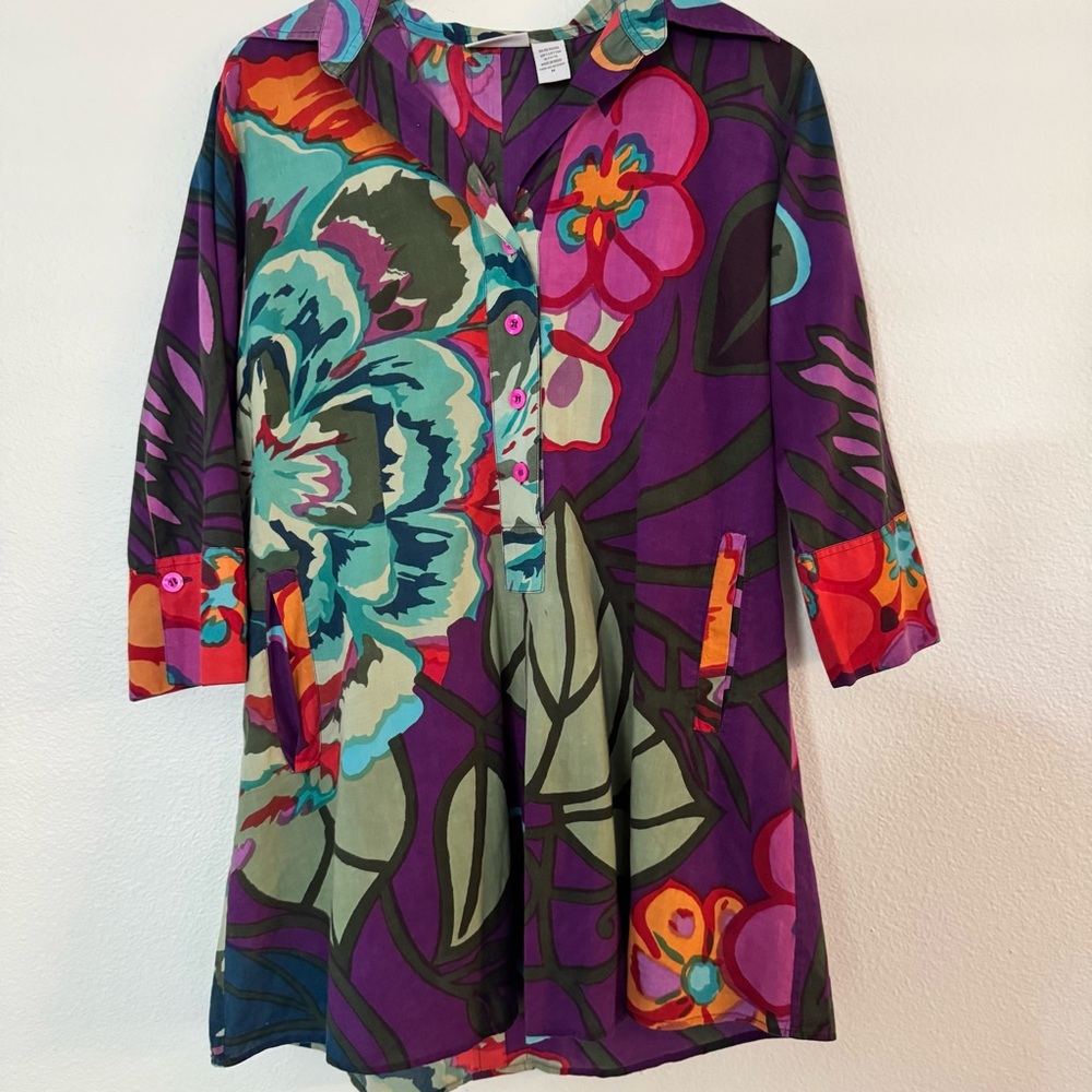 Soft Surroundings bold colorful floral cotton tunic top size medium